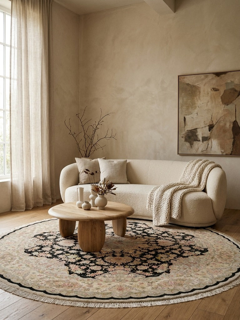 Tabriz Round — Hand-knotted, 252x252 cm, Black, 70% Schurwolle, 30% Seide | Back view