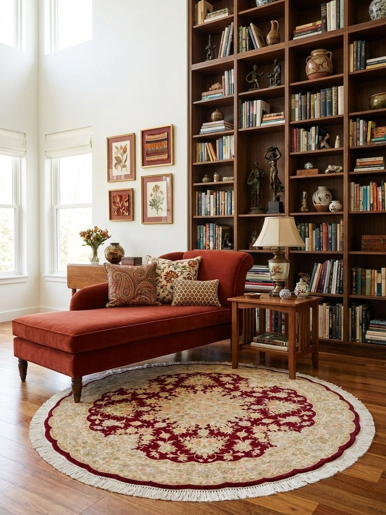Tabriz Round — Hand-knotted, 146x146 cm, Red, 70% Schurwolle, 30% Seide | Back view