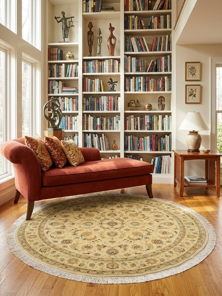 Tabriz Round — Hand-knotted, 150x150 cm, Yellow, 70% Schurwolle, 30% Seide | Back view