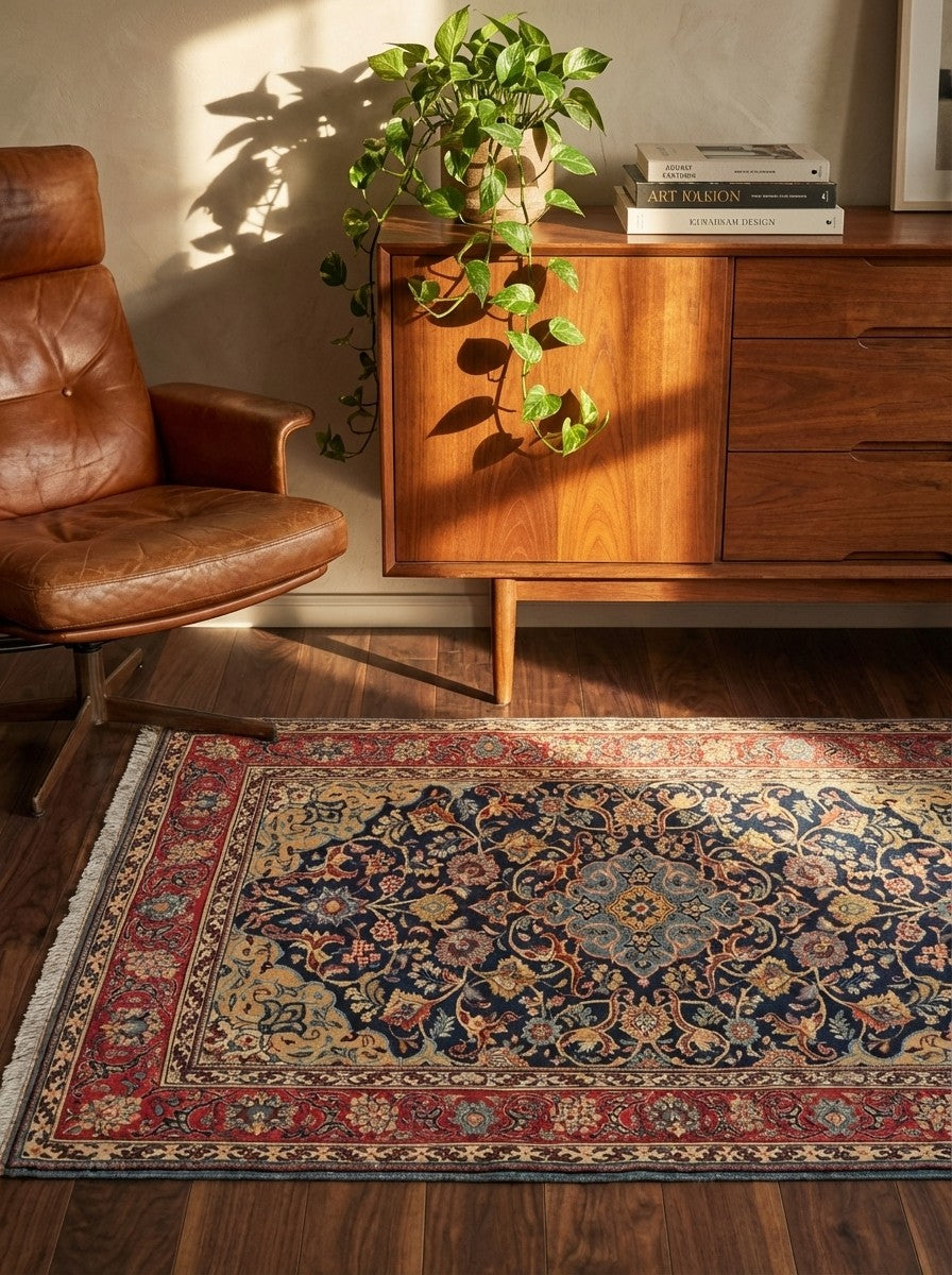 Sarough — Hand-knotted, 104x153 cm, Blue, 100% Virgin Wool | Back view