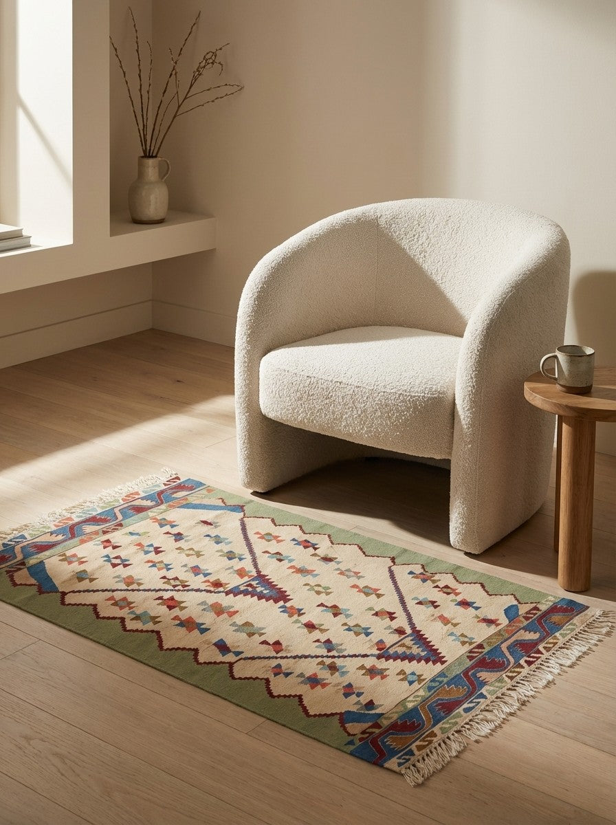 Kelim — Handmade, 111x178 cm, Beige, 100% Virgin Wool | Detail view