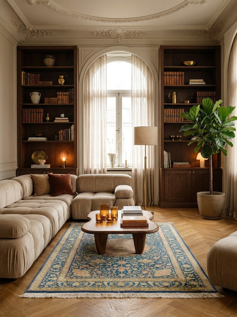 Ghoum Seide — Handgefertigt, 195x137 cm, Blau, 100% Seide | Back view