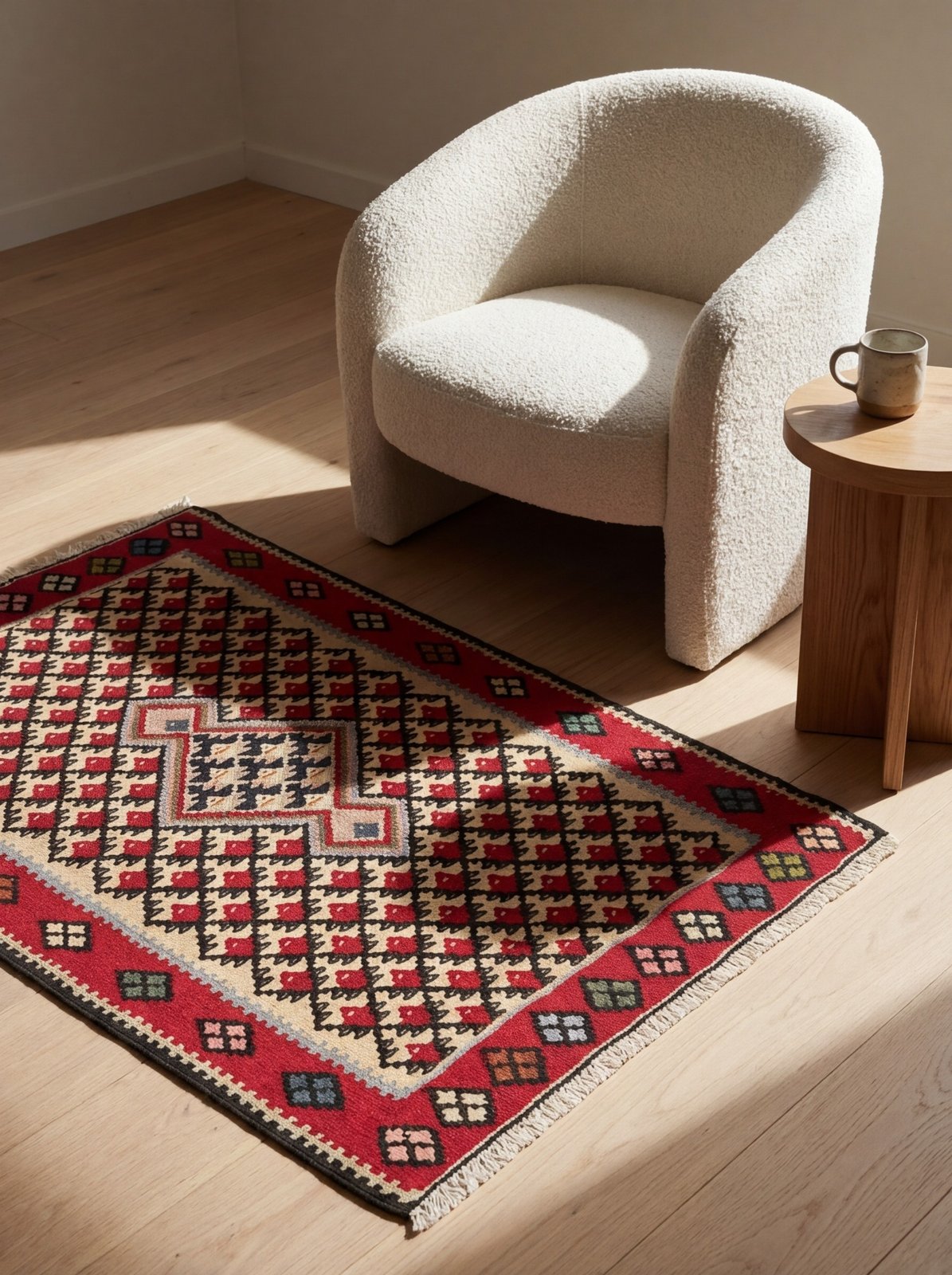 Kelim Senneh — Handmade, 57x85 cm, Beige, 100% Virgin Wool | Detail view