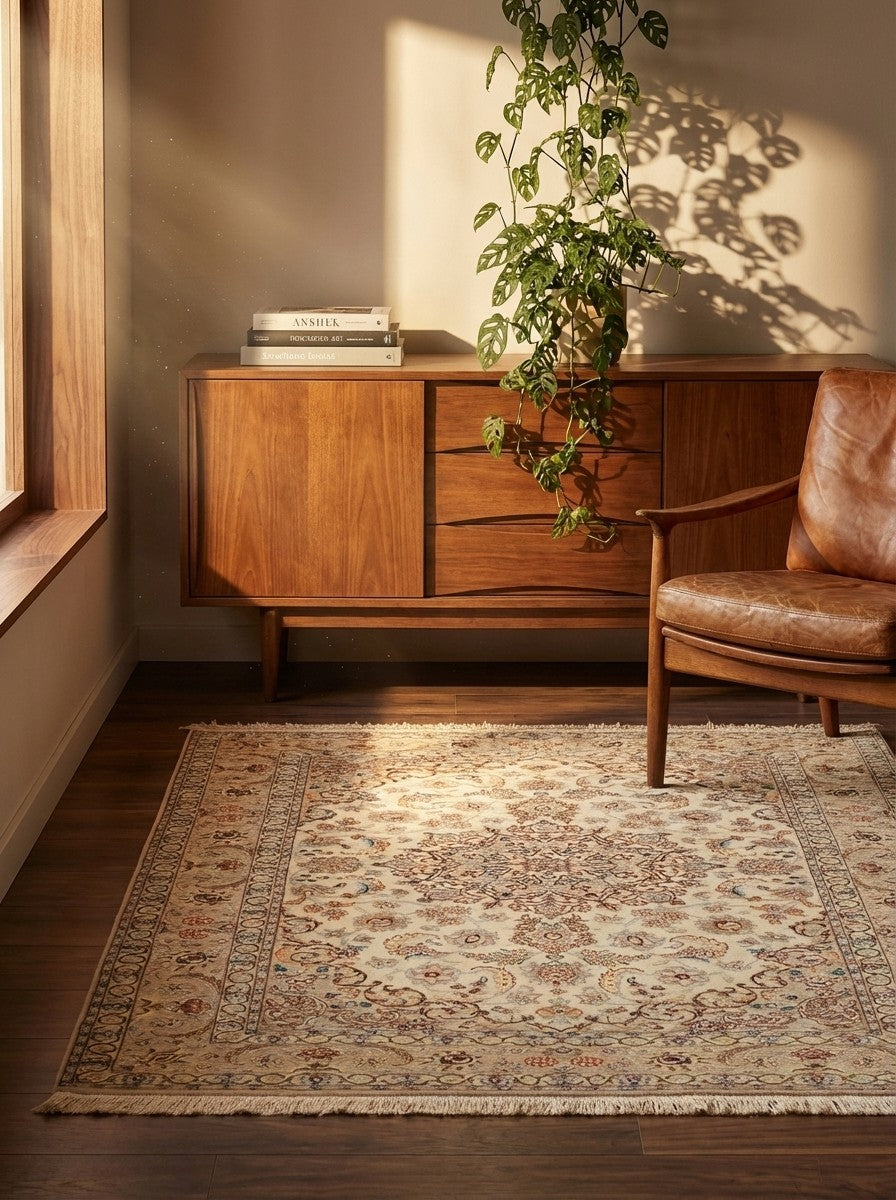 Isfahan — Hand-knotted, 116x160 cm, Beige, 90% Schurwolle, 10% Seide | Back view