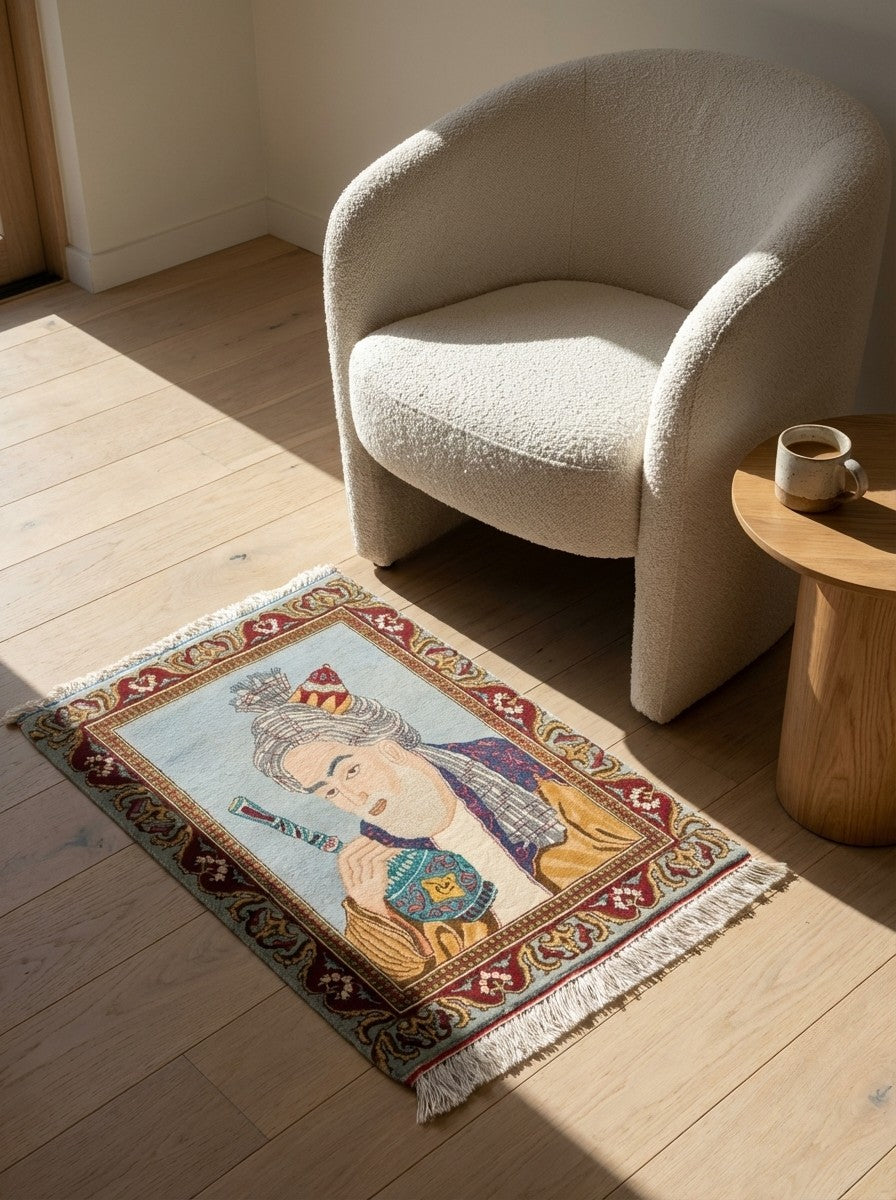 Tabriz Graphic — Hand-knotted, 54x70 cm, Blue, 100% Virgin Wool | Detail view