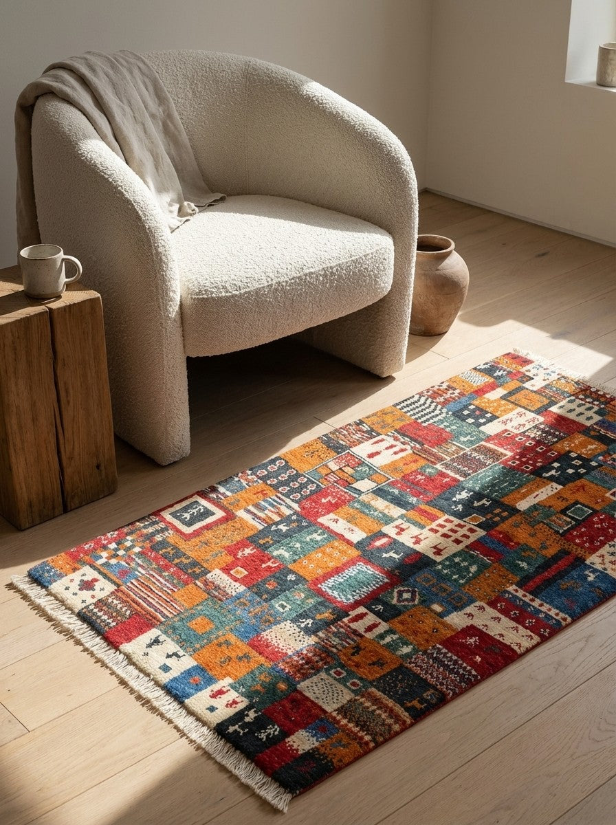 Rizbaf — Hand-knotted, 67x93 cm, Multicolor, 100% Virgin Wool | Detail view