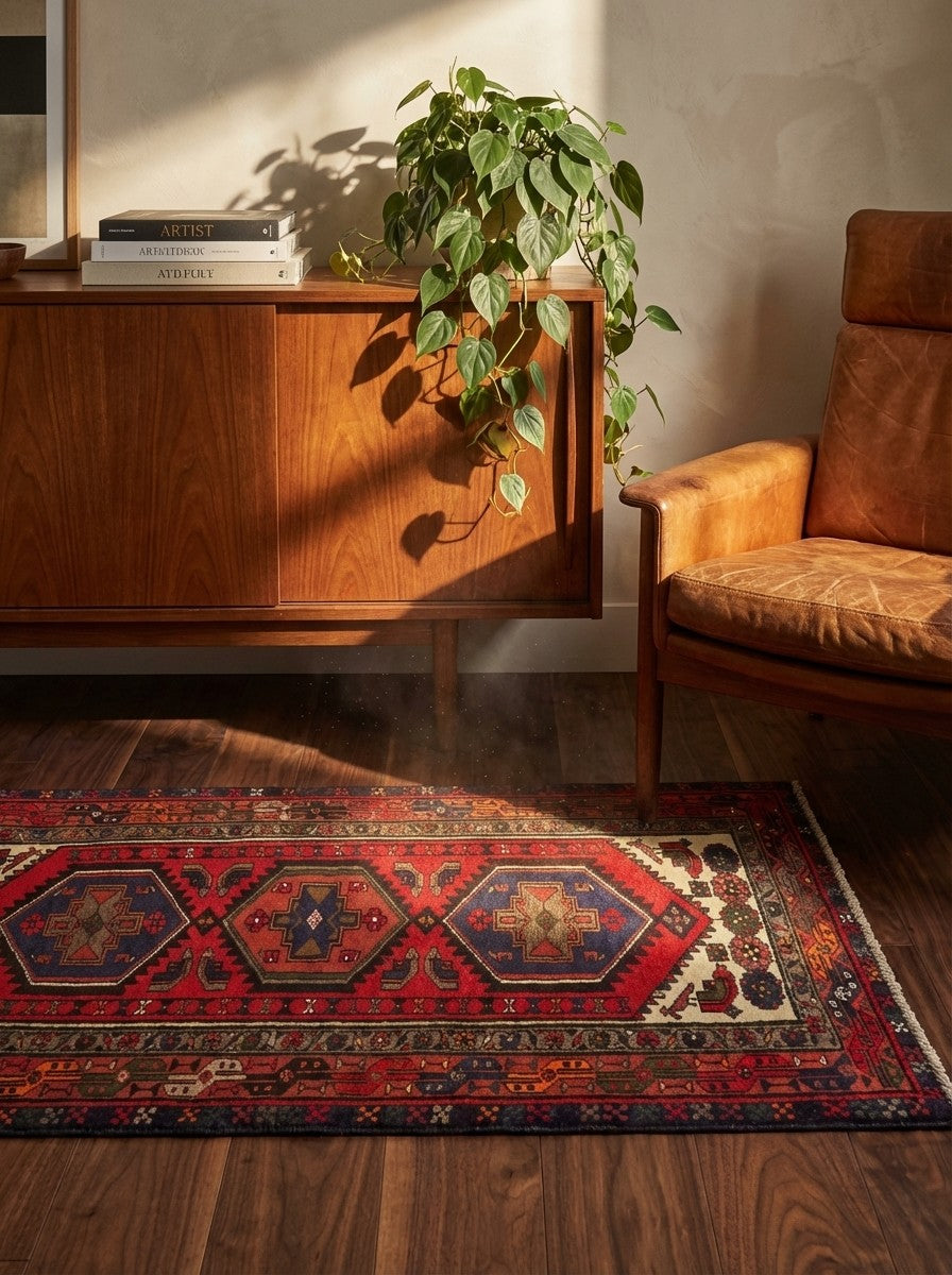 Khamseh — Hand-knotted, 98x192 cm, Red, 100% Virgin Wool | Back view
