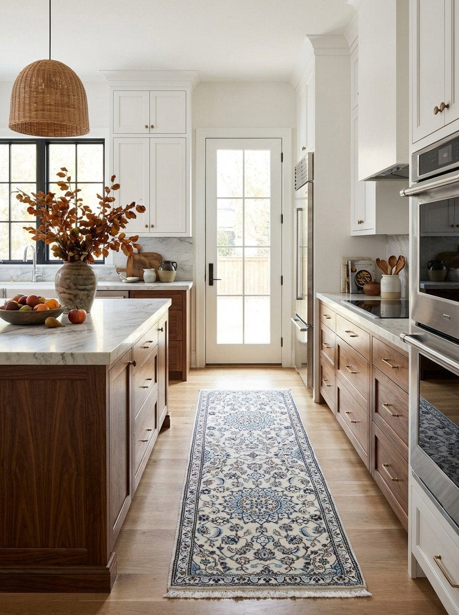 Nain 9La — Handgefertigt, 199x60 cm, Beige,blau, 100% Virgin Wool | Back view