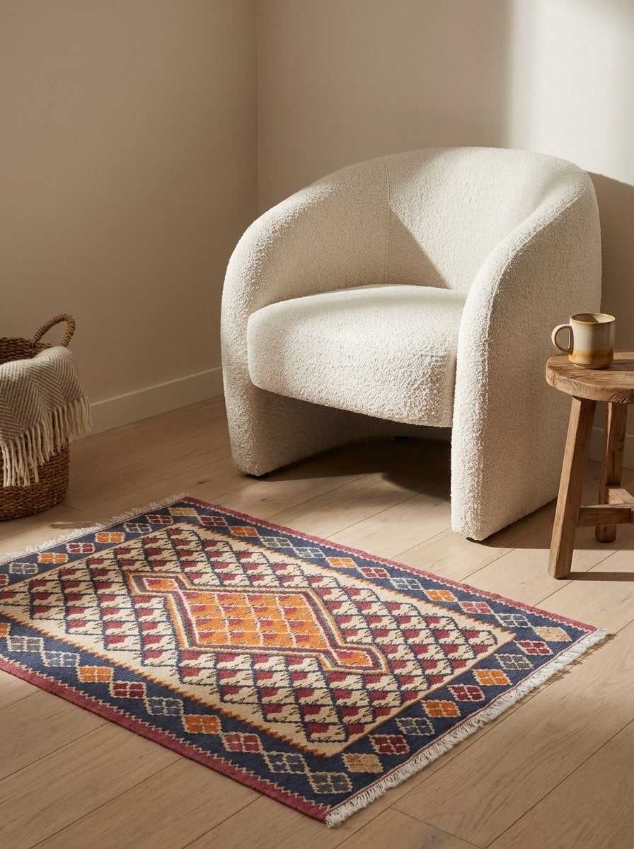 Kelim Senneh — Handmade, 60x86 cm, Beige, 100% Virgin Wool | Detail view