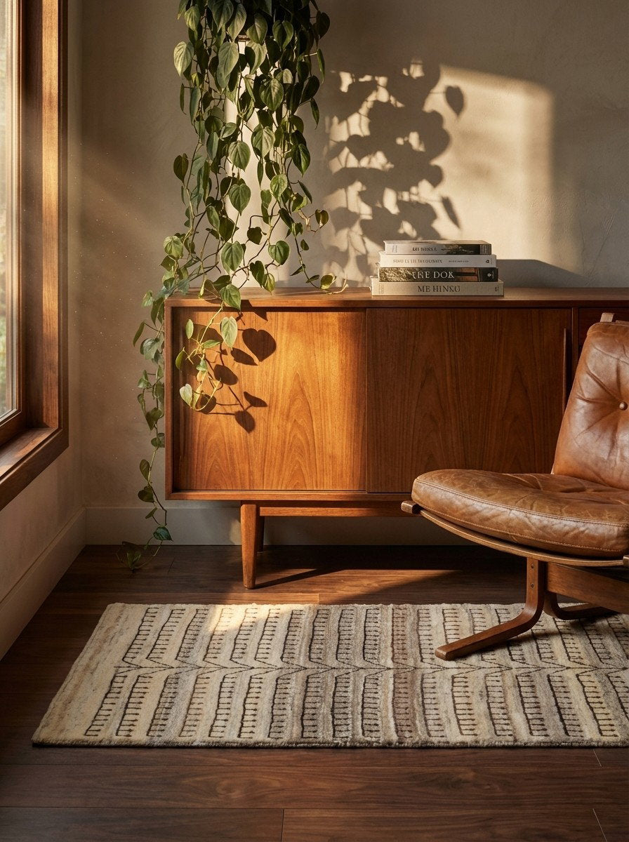 Rizbaf — Handgefertigt, 128x80 cm, Beige, 100% Virgin Wool | Back view