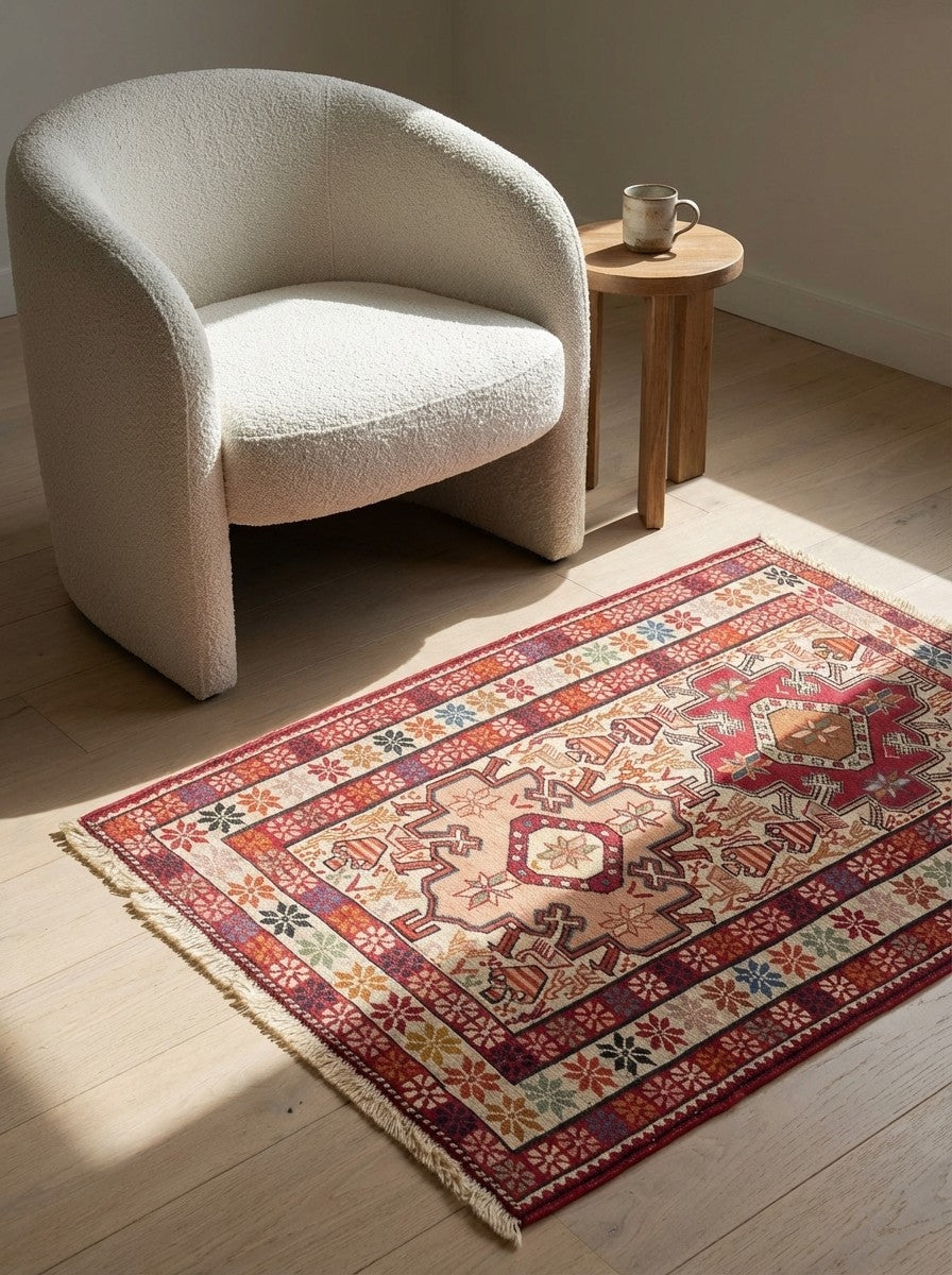 Sumak Shahsavan — Handmade, 76x100 cm, Beige, 100% Virgin Wool | Detail view