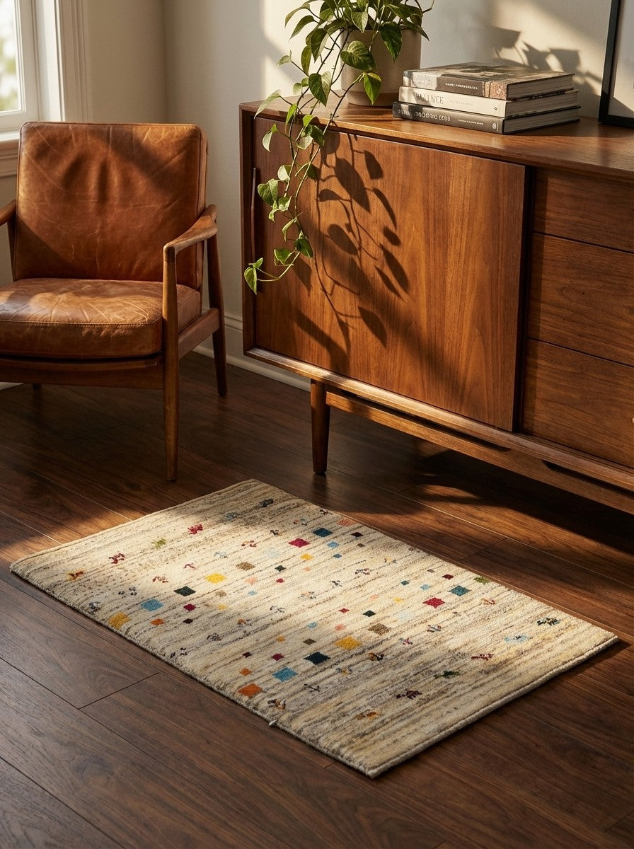 Gabbeh Sonnat — Hand-knotted, 60x92 cm, Beige, 100% Virgin Wool | Back view