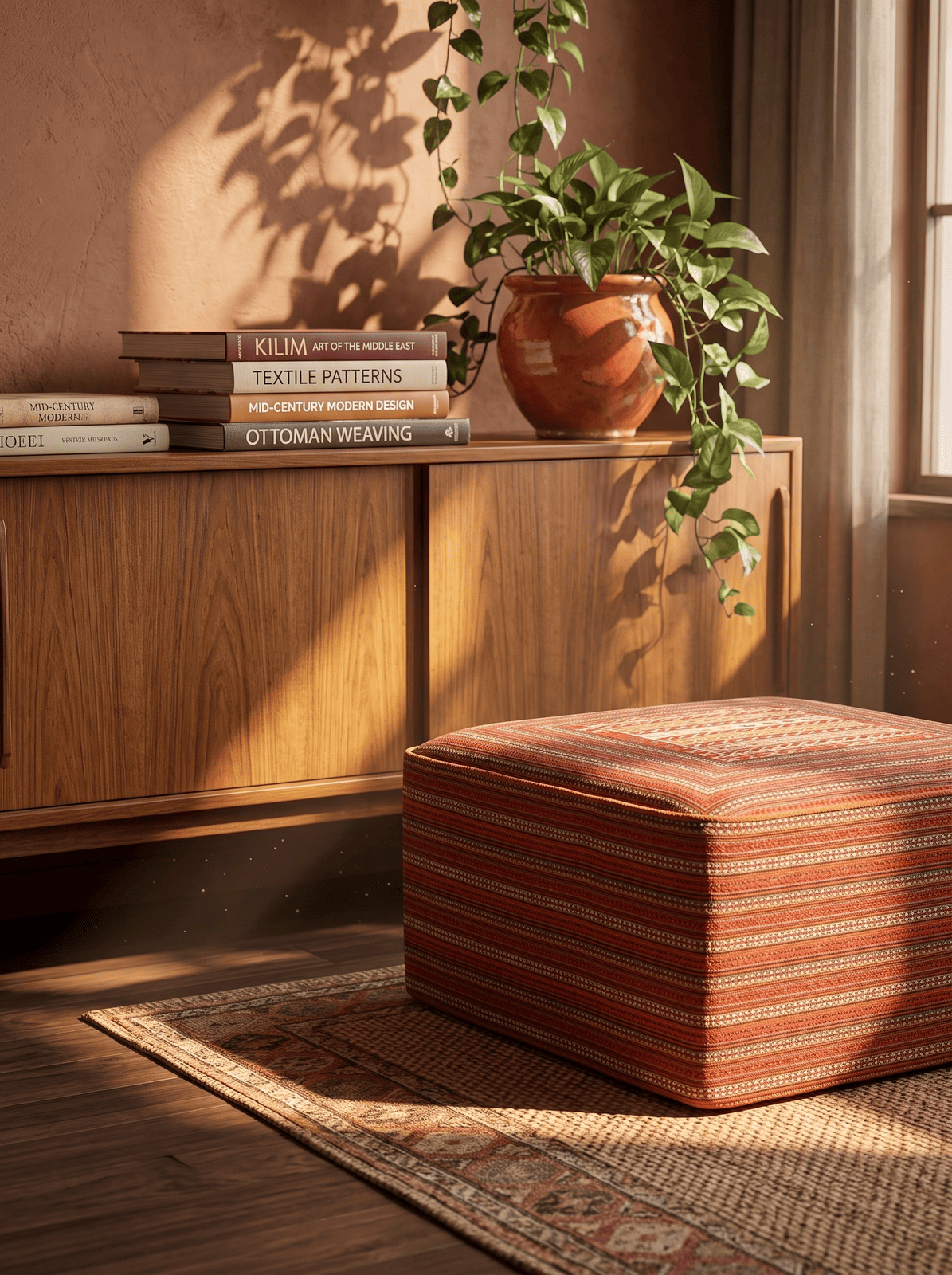 Kelim Pouf — Handmade, 90x90 cm, Multicolor, 100% Virgin Wool | Back view