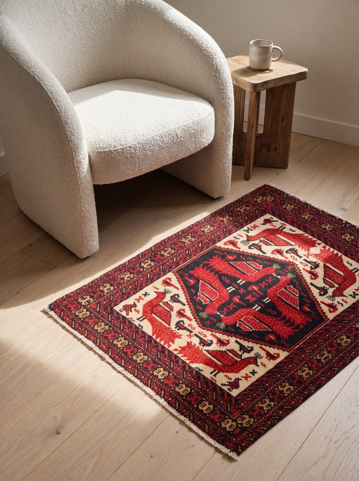 Belutch — Hand-knotted, 71x79 cm, Beige, 100% Virgin Wool | Detail view