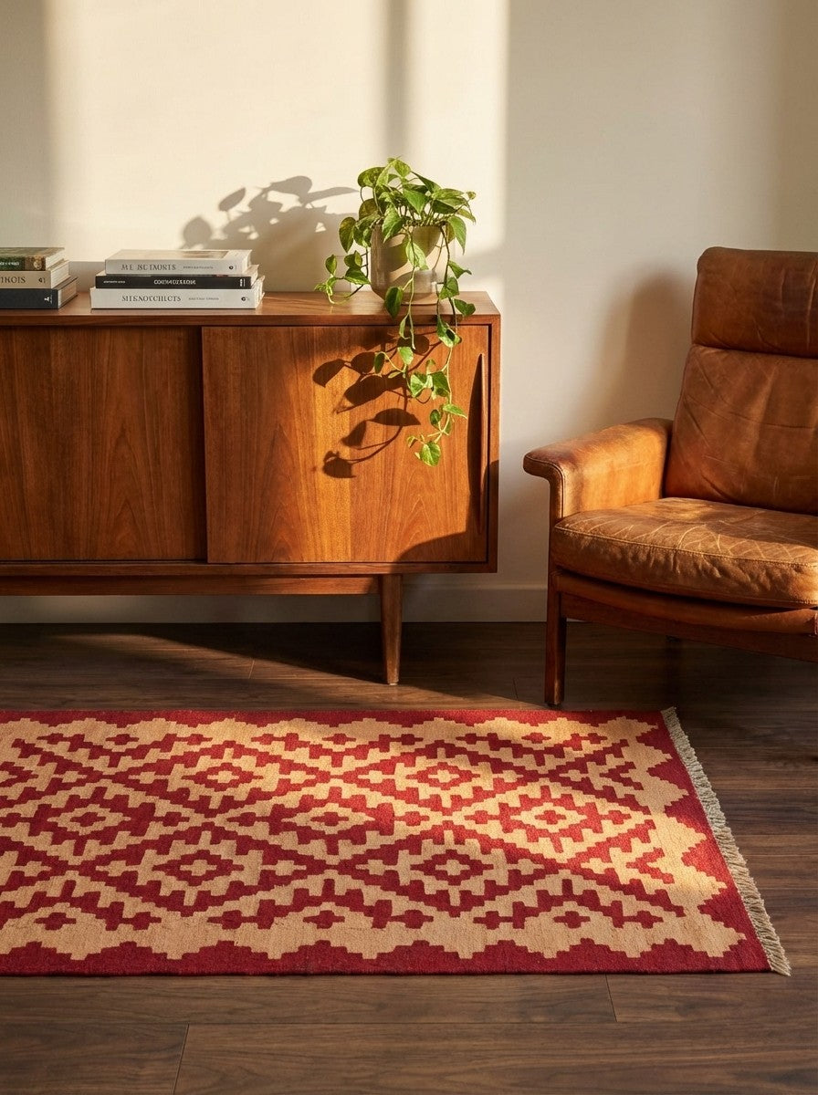 Kelim Gashgai — Handmade, 84x122 cm, Red, 100% Virgin Wool | Back view