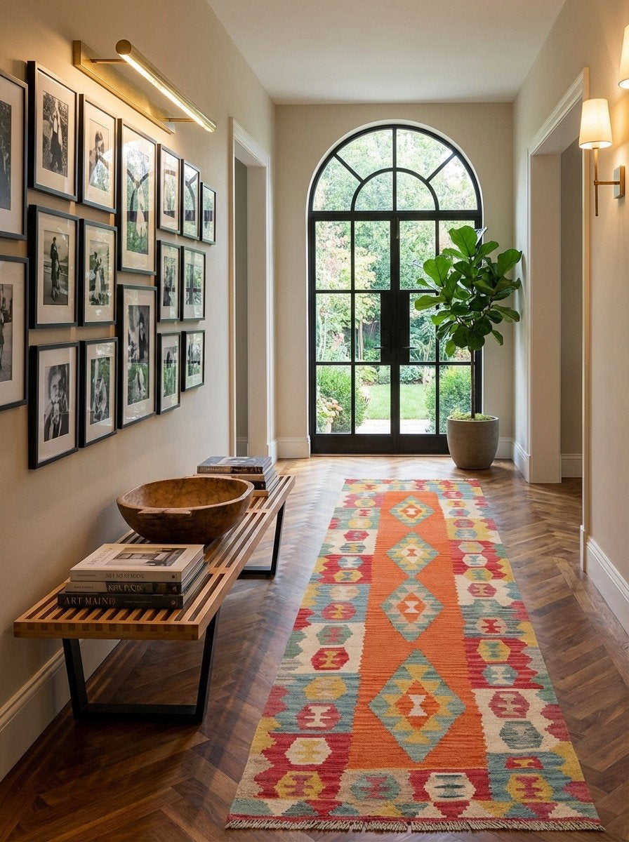 Kelim Gashgai — Handgefertigt, 303x91 cm, Bunt, 100% Virgin Wool | Detail view