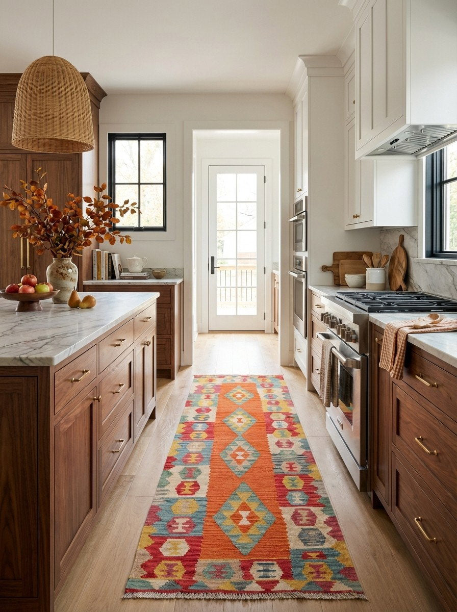 Kelim Gashgai — Handgefertigt, 303x91 cm, Bunt, 100% Virgin Wool | Back view