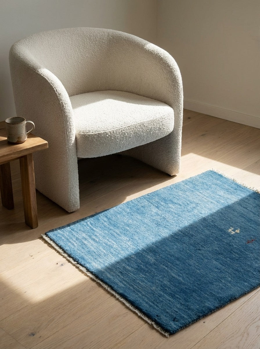 Gabbeh — Hand-knotted, 75x87 cm, Blue, 100% Virgin Wool | Detail view