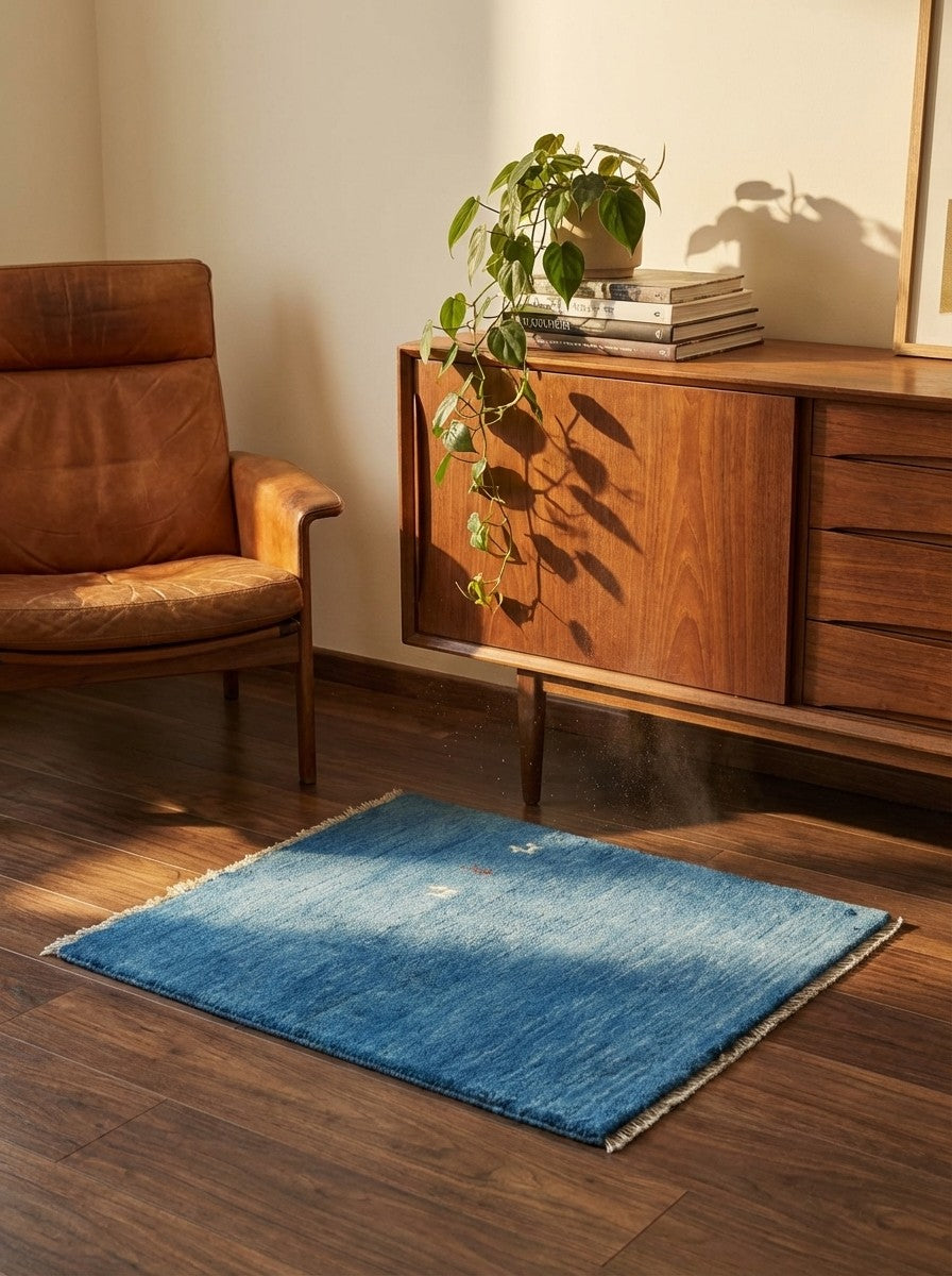 Gabbeh — Hand-knotted, 75x87 cm, Blue, 100% Virgin Wool | Back view