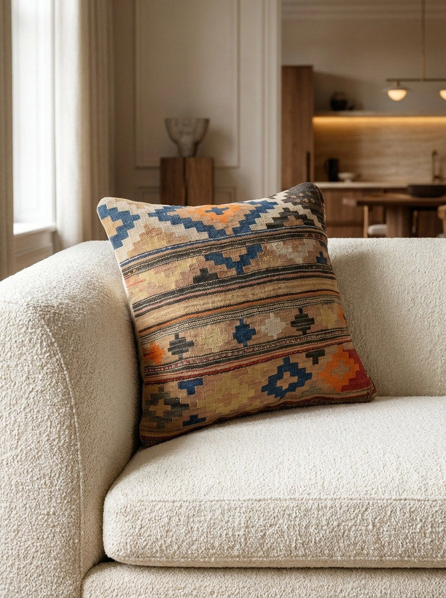 Kelim Kissen — Handgefertigt, 65x65 cm, Bunt, 100% Virgin Wool | Detail view