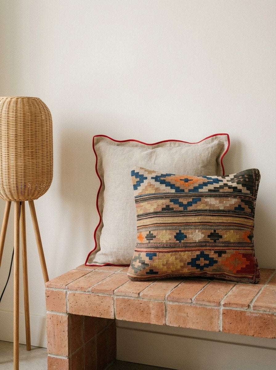 Kelim Kissen — Handgefertigt, 65x65 cm, Bunt, 100% Virgin Wool | Back view