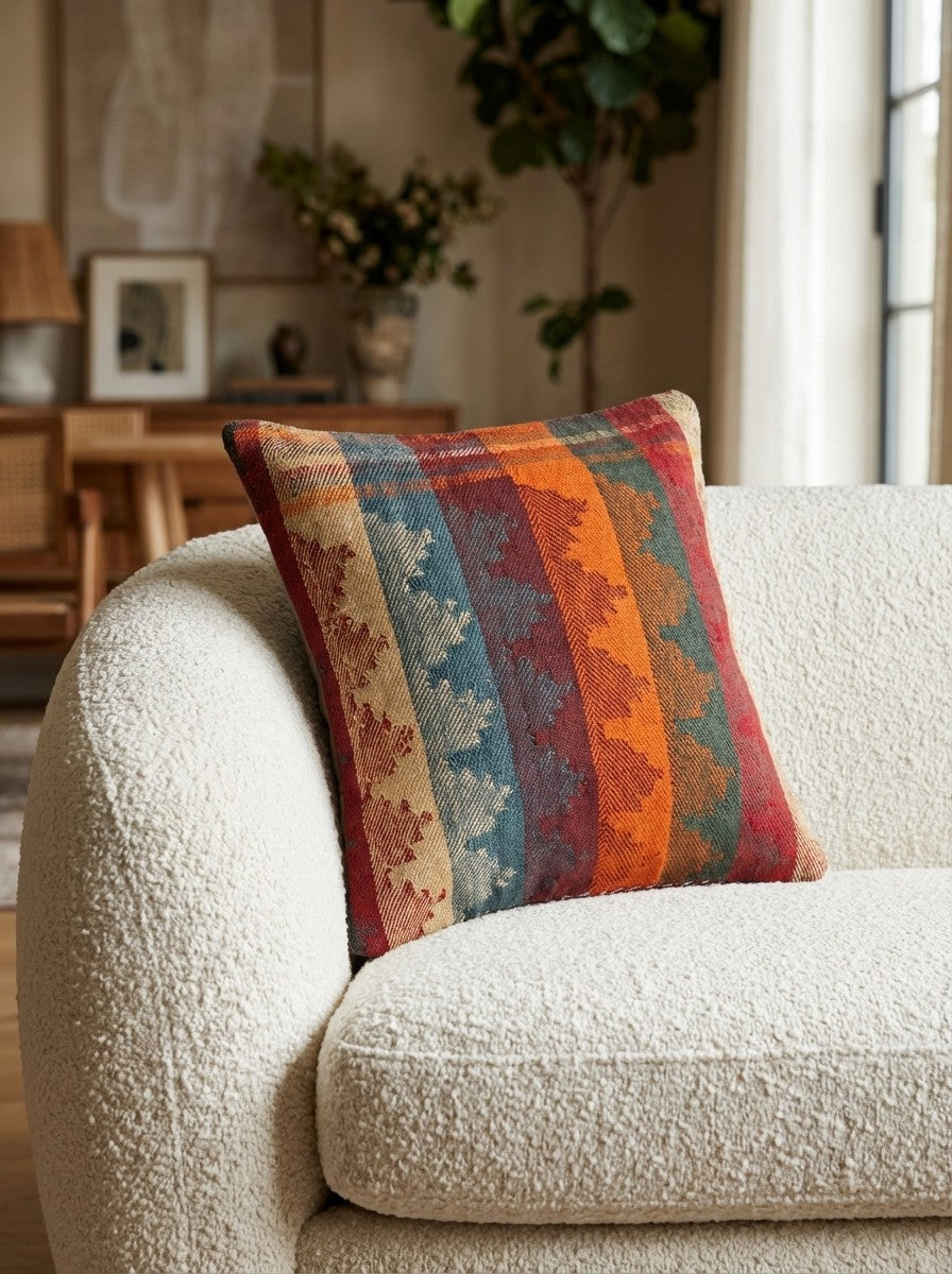 Kelim Kissen — Handmade, 45x50 cm, Multicolor, 100% Virgin Wool | Detail view