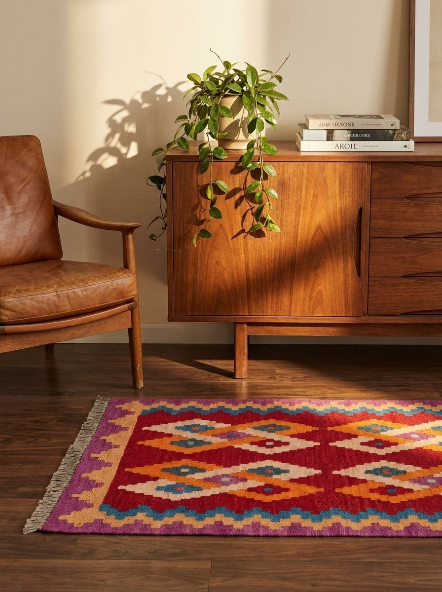 Kelim Gashgai — Handmade, 63x89 cm, Red, 100% Virgin Wool | Back view