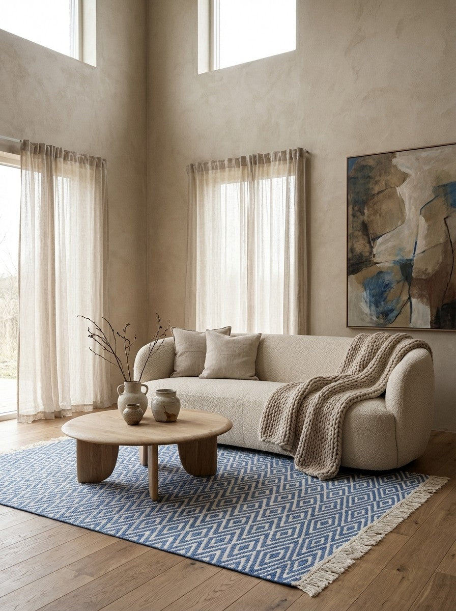 Dhurrie — Handmade, 230x160 cm, Blue, 40% Schurwolle, 60% Baumwolle | Detail view