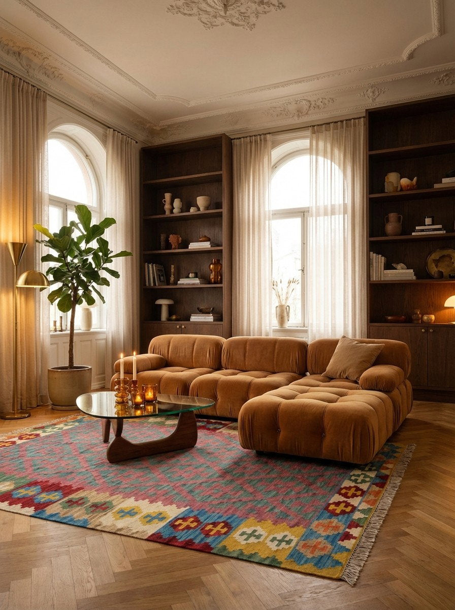 Kelim Gashgai — Handgefertigt, 193x151 cm, Bunt, 100% Virgin Wool | Back view