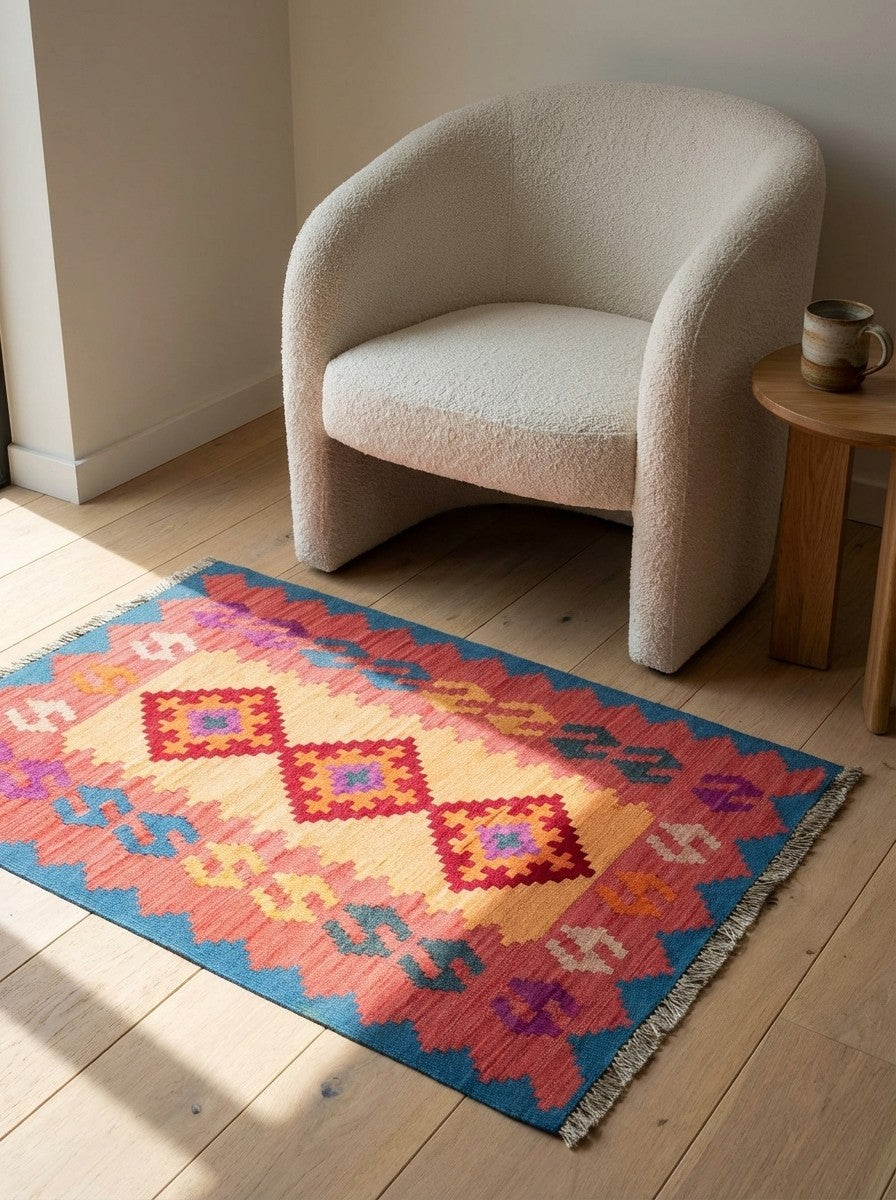 Kelim Gashgai — Handmade, 85x125 cm, Orange, 100% Virgin Wool | Detail view