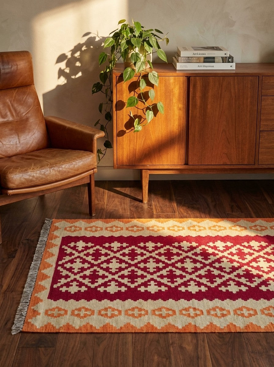 Kelim Gashgai — Handmade, 105x151 cm, Red, 100% Virgin Wool | Back view