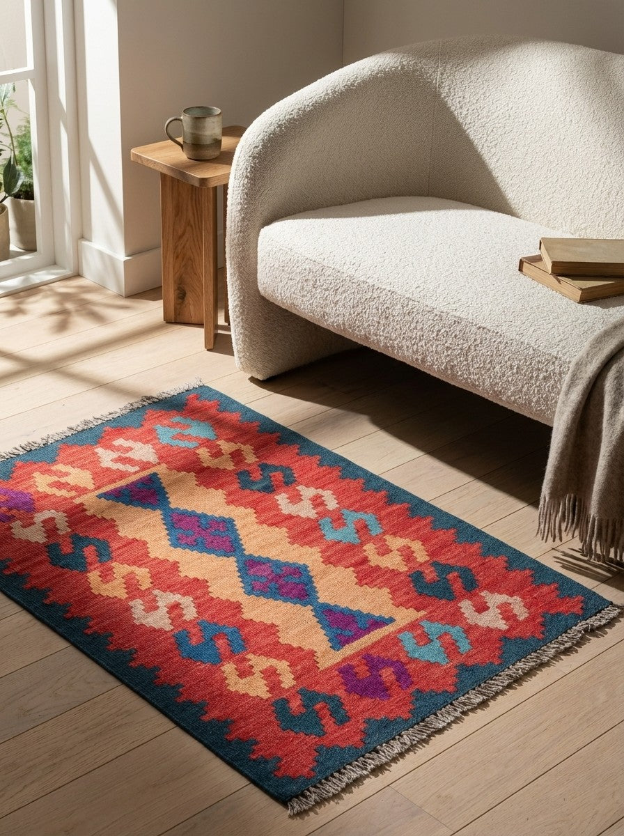 Kelim Gashgai — Handmade, 60x88 cm, Red, 100% Virgin Wool | Detail view