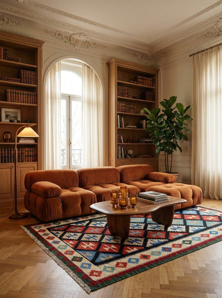 Kelim Gashgai — Handgefertigt, 198x158 cm, Beige, 100% Virgin Wool | Back view