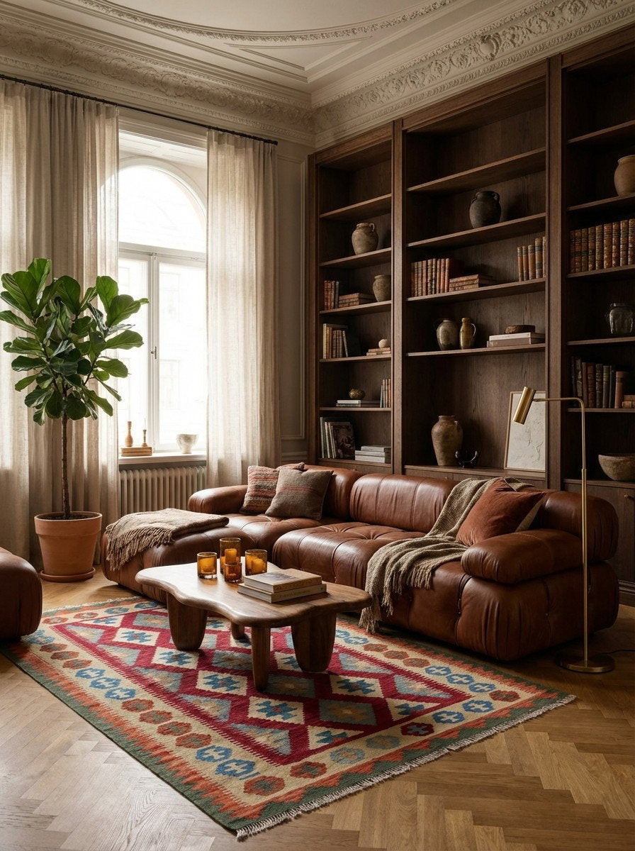 Kelim Gashgai — Handgefertigt, 175x123 cm, Beige, 100% Virgin Wool | Back view