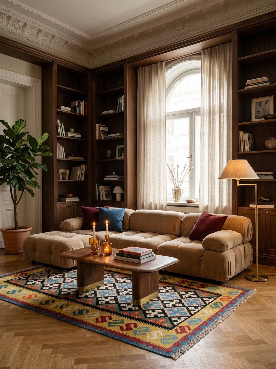 Kelim Gashgai — Handgefertigt, 192x153 cm, Gelb, 100% Virgin Wool | Back view