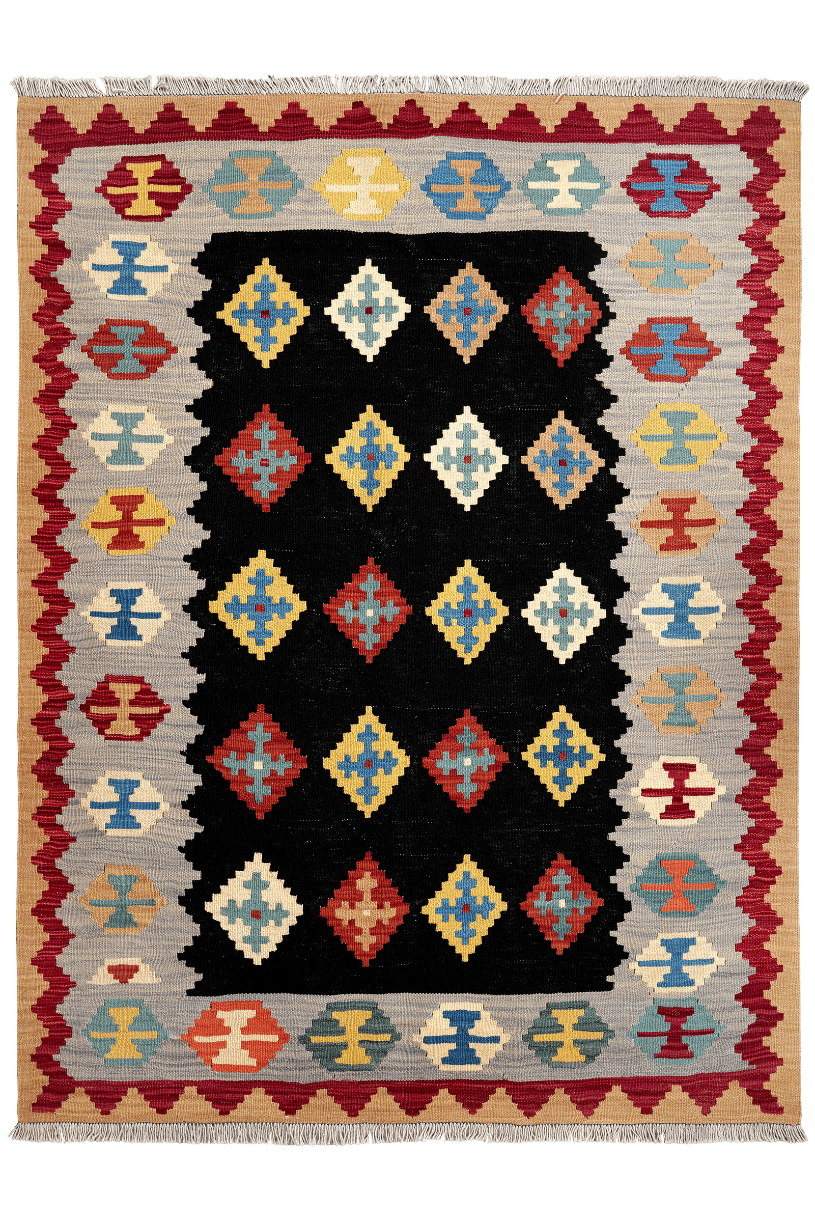 Kelim Gashgai — Handmade, 149x197 cm, Black, 100% Virgin Wool | Main view