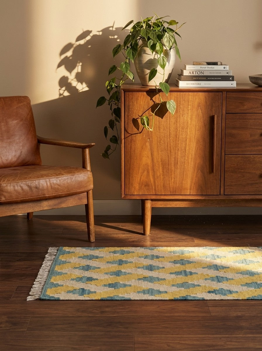 Kelim Gashgai — Handmade, 43x61 cm, Beige, 100% Virgin Wool | Back view