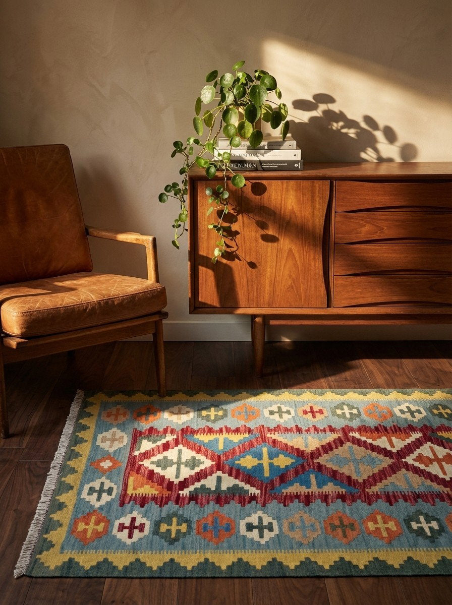 Kelim Gashgai — Handgefertigt, 153x100 cm, Blau, 100% Virgin Wool | Back view