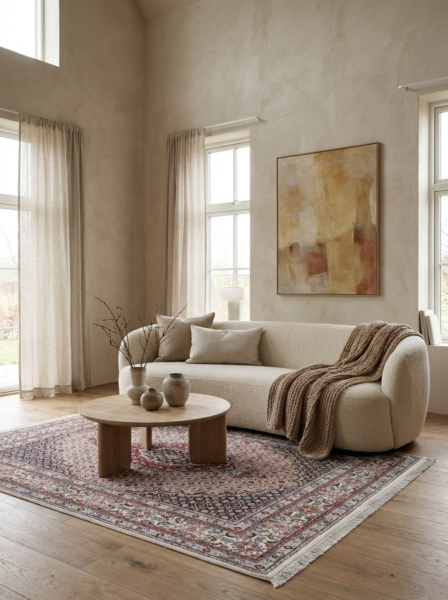 Moud Mahi — Hand-knotted, 150x201 cm, Beige, 100% Virgin Wool | Detail view