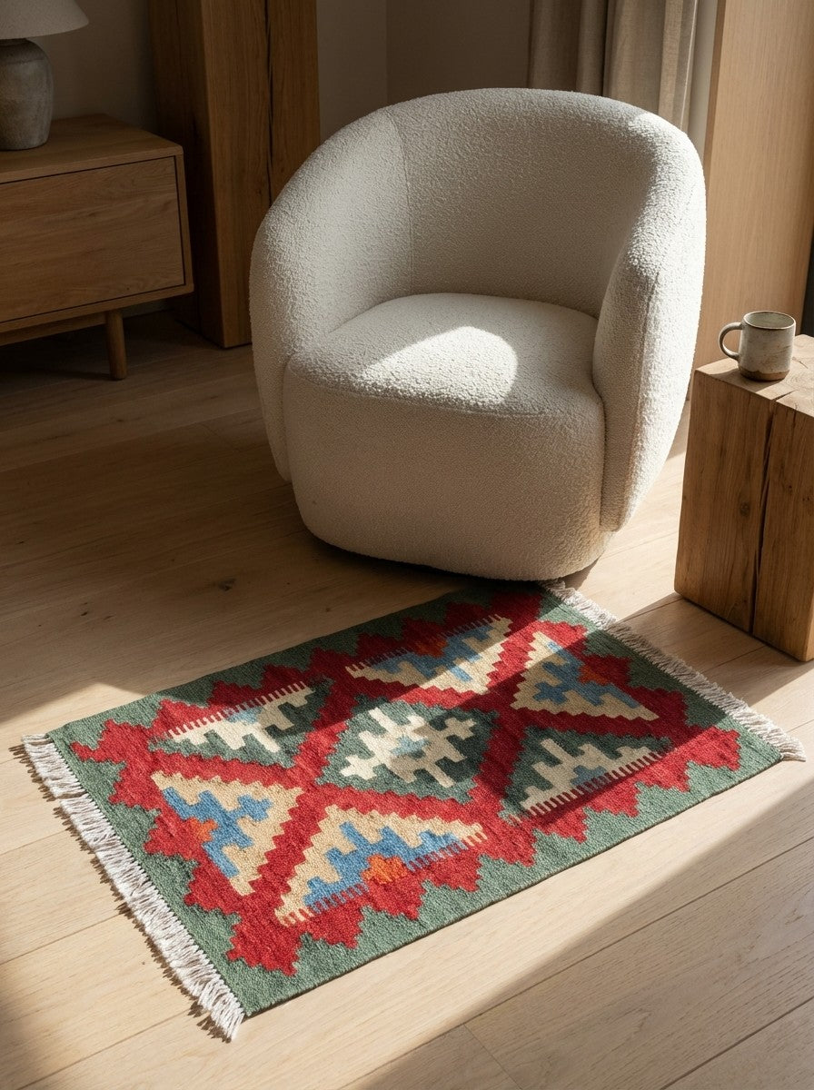 Kelim Gashgai — Handmade, 45x62 cm, Red, 100% Virgin Wool | Detail view