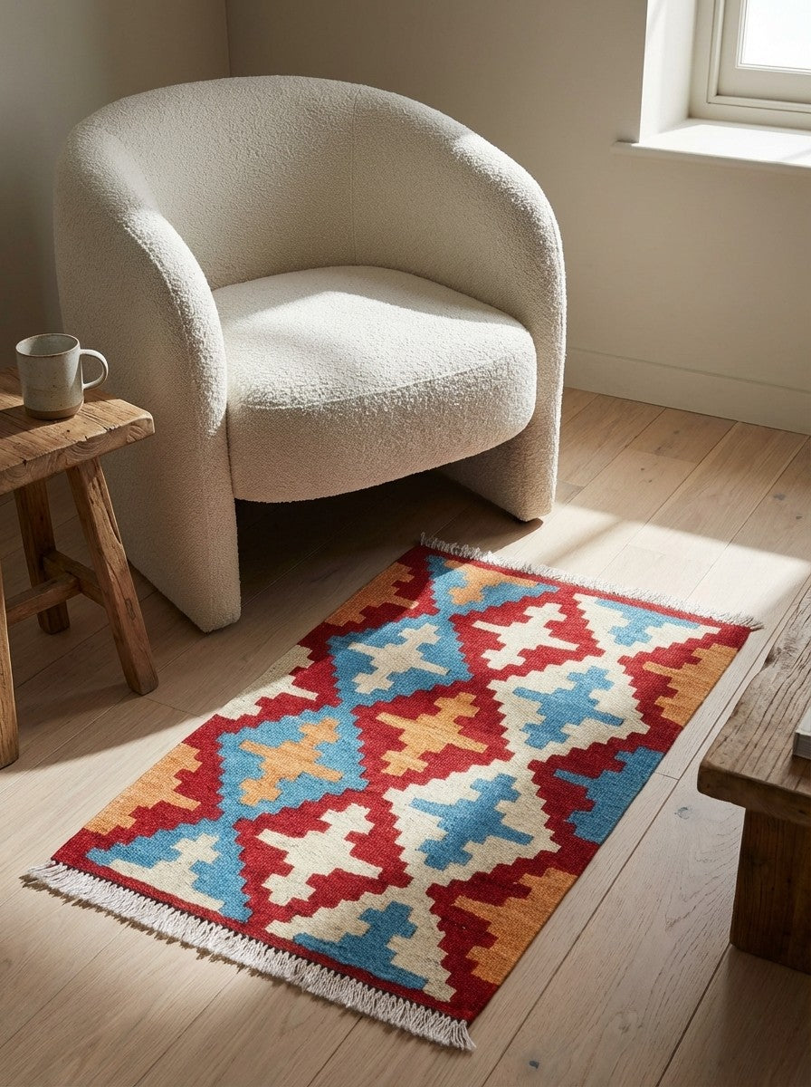 Kelim Gashgai — Handmade, 42x61 cm, Red, 100% Virgin Wool | Detail view