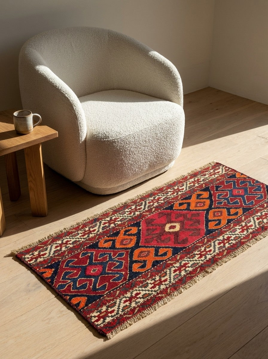 Sumak Shahsavan — Handmade, 107x52 cm, Blue, 100% Virgin Wool | Detail view