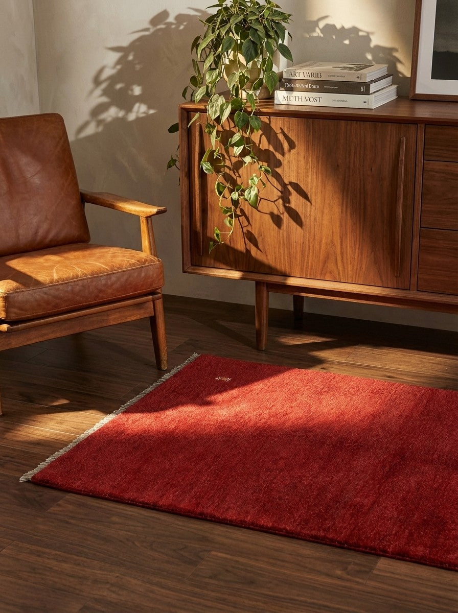 Gabbeh — Hand-knotted, 101x148 cm, Red, 100% Virgin Wool | Back view