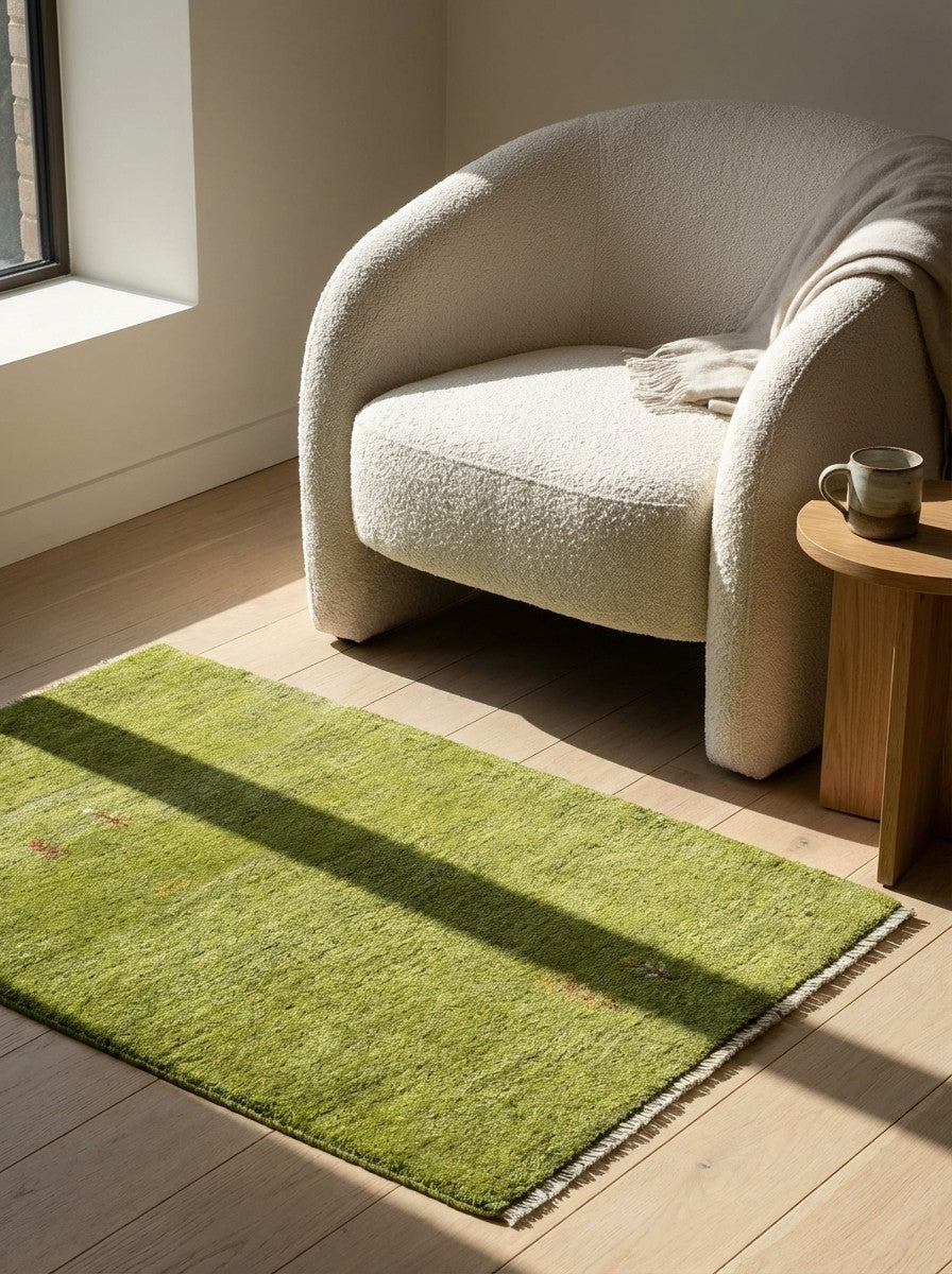 Gabbeh — Hand-knotted, 81x122 cm, Green, 100% Virgin Wool | Detail view