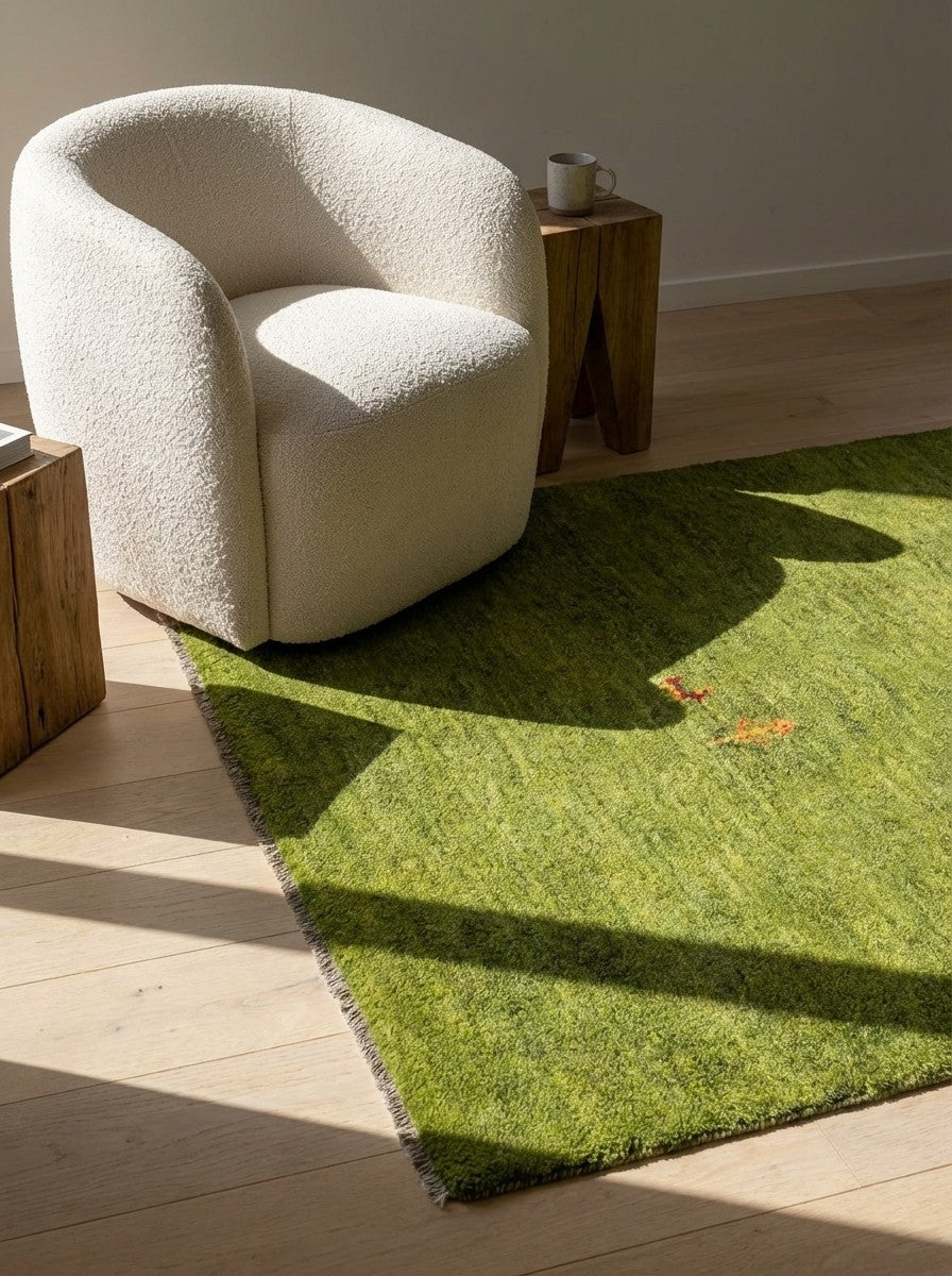 Gabbeh — Hand-knotted, 88x122 cm, Green, 100% Virgin Wool | Detail view