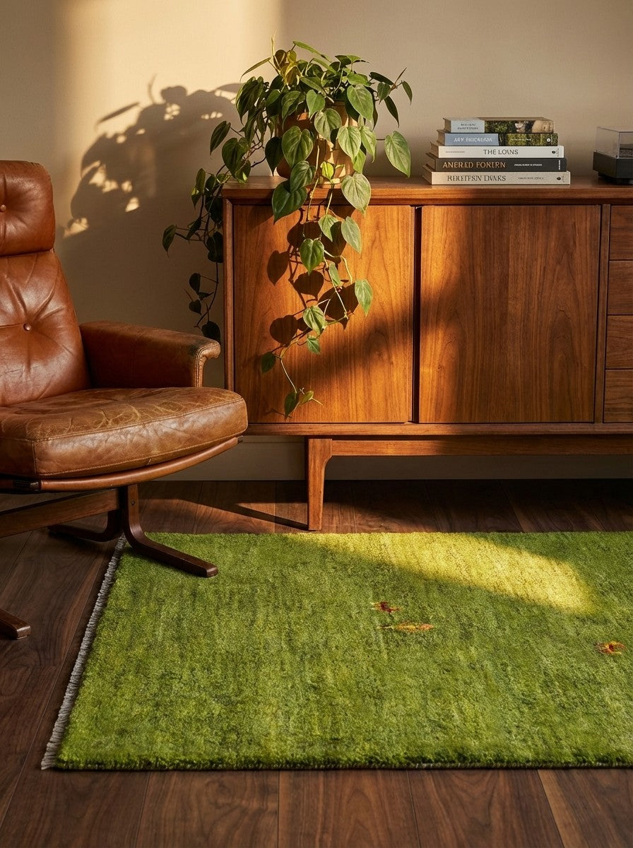 Gabbeh — Hand-knotted, 88x122 cm, Green, 100% Virgin Wool | Back view