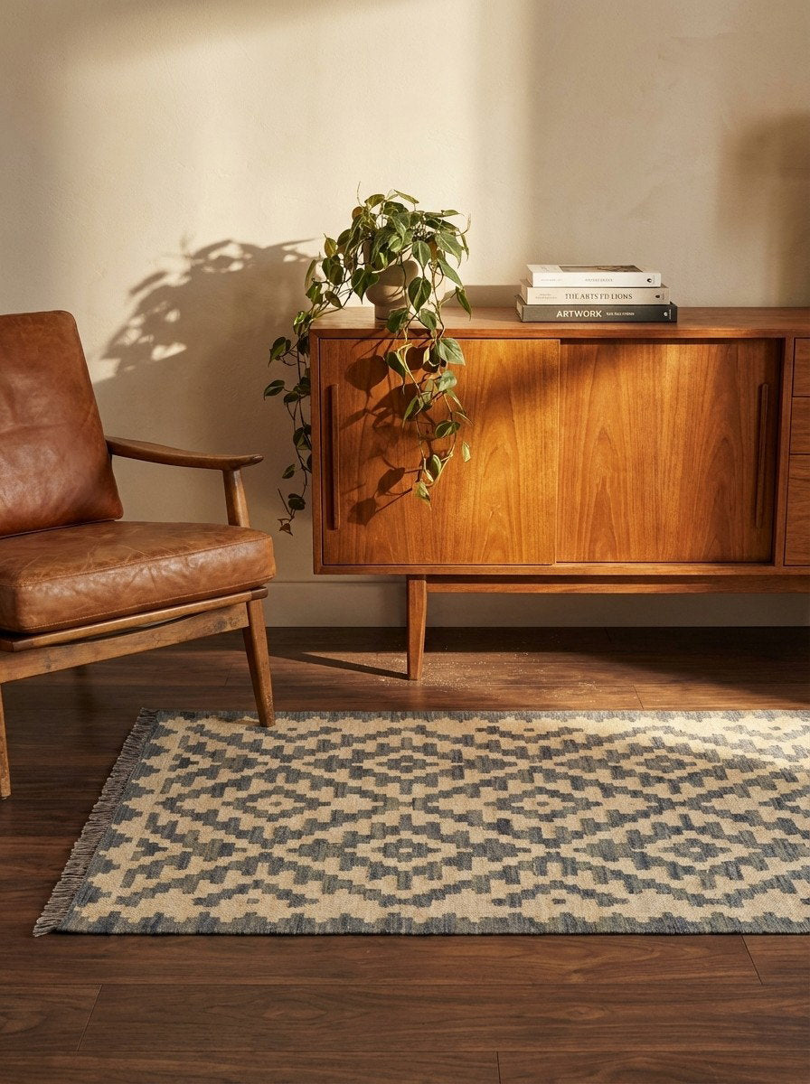 Kelim Gashgai — Handgefertigt, 200x84 cm, Beige, 100% Virgin Wool | Back view