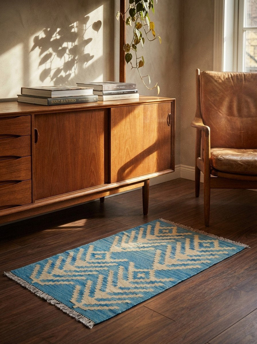 Kelim Gashgai — Handgefertigt, 91x63 cm, Blau, 100% Virgin Wool | Back view