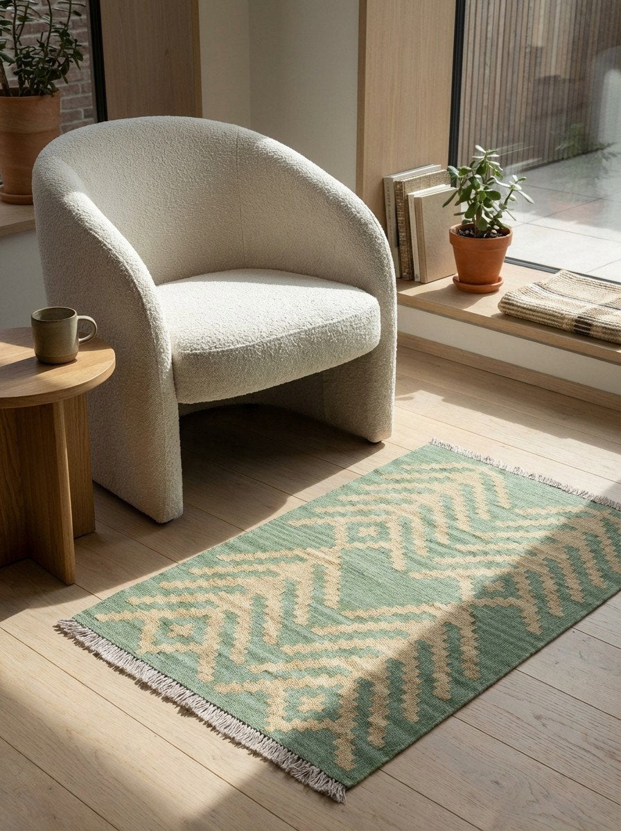 Kelim Gashgai — Handgefertigt, 88x61 cm, Grün, 100% Virgin Wool | Detail view