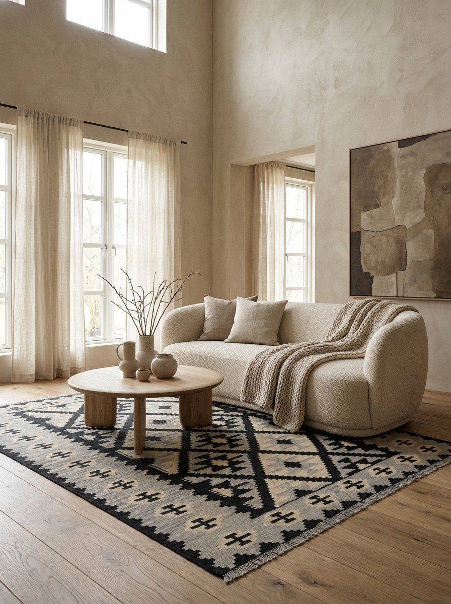 Kelim Gashgai — Handgefertigt, 195x149 cm, Beige, 100% Virgin Wool | Detail view